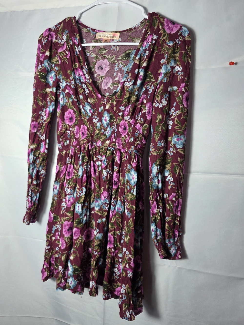 Band of Gypsies Burgundy Floral Long Sleeve V-Neck Mini Dress XS Cottagecore